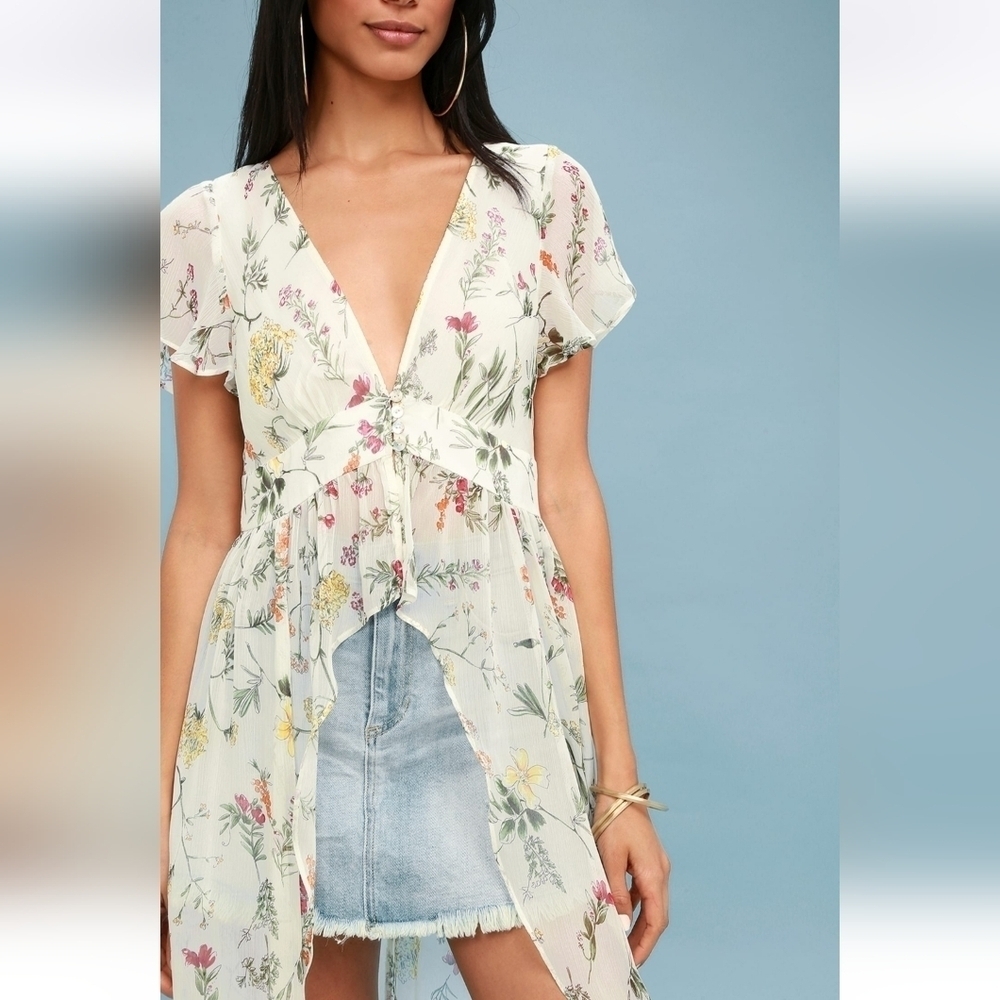 Meghan Los Angeles Yellow Floral High Low Duster Button Front Maxi Top. Med - Picture 16 of 16